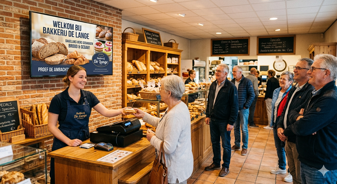 Buurtgenoot digitaal scherm in een bakkerij